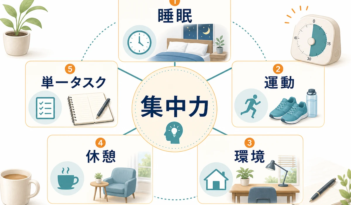 集中力を支える睡眠、運動、環境、休憩、単一タスクの5要素を示した図