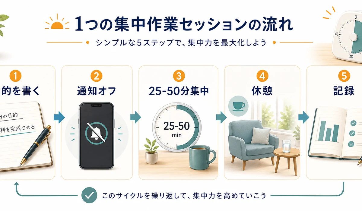 集中セッションのフロー、タスクを一文化、通知オフ、タイマー、記録を示した図