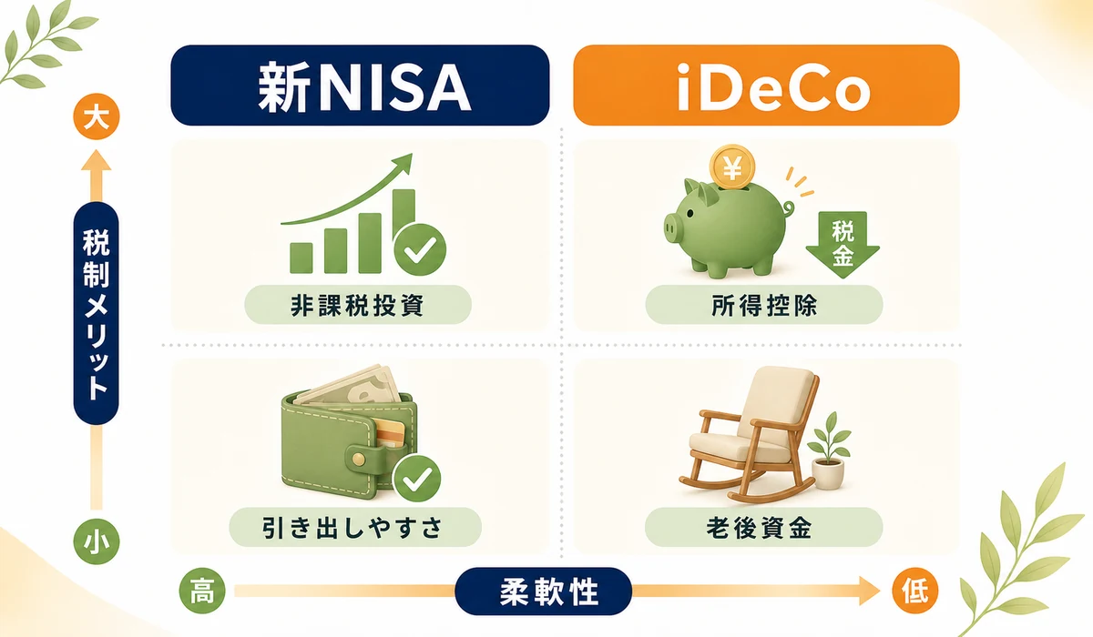 新NISAとiDeCoの違い、柔軟性と税制メリットの2軸で示した図