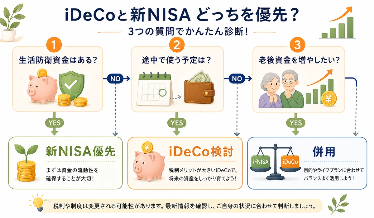 iDeCoと新NISAの優先順位、現金余力、流動性、老後資金の判断フロー図