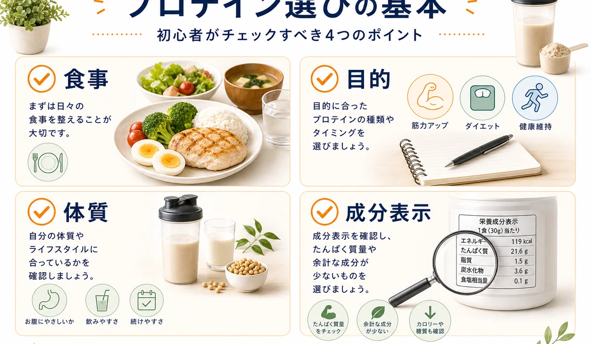 プロテイン選びの基礎、食事、目的、体質、成分表示の4要素を示した図
