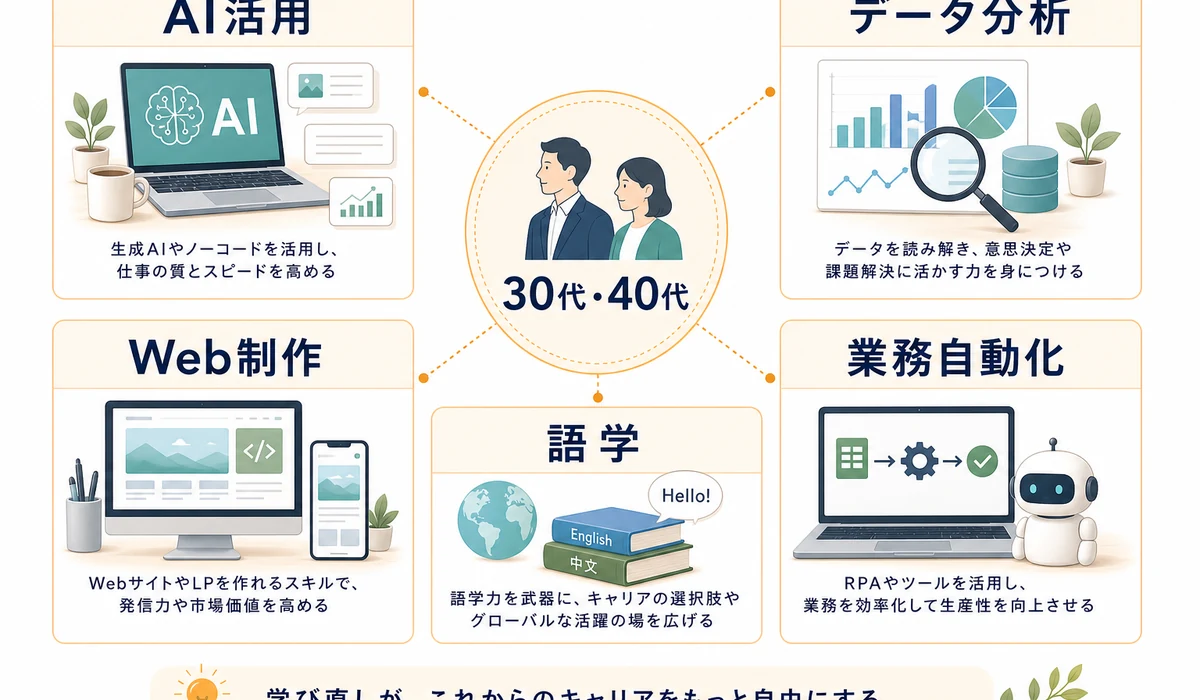 30代40代リスキリングの5分野、AI活用、データ分析、Web、語学、業務自動化を示した図