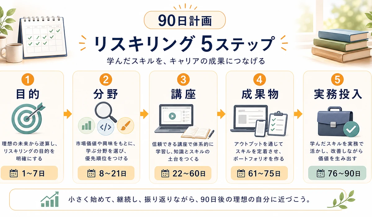 リスキリング実行計画、目的、分野、講座、成果物、実務投入の流れを示した図