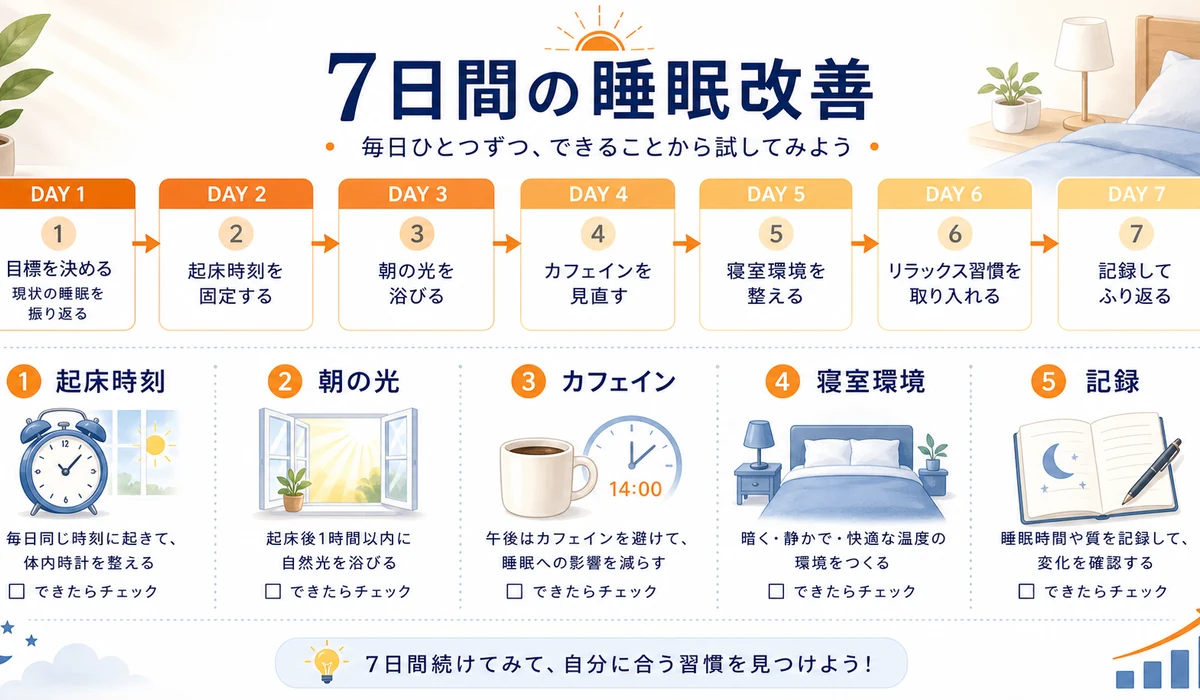 睡眠改善の7日間ミニ実験、起床、光、カフェイン、寝室環境のステップ図