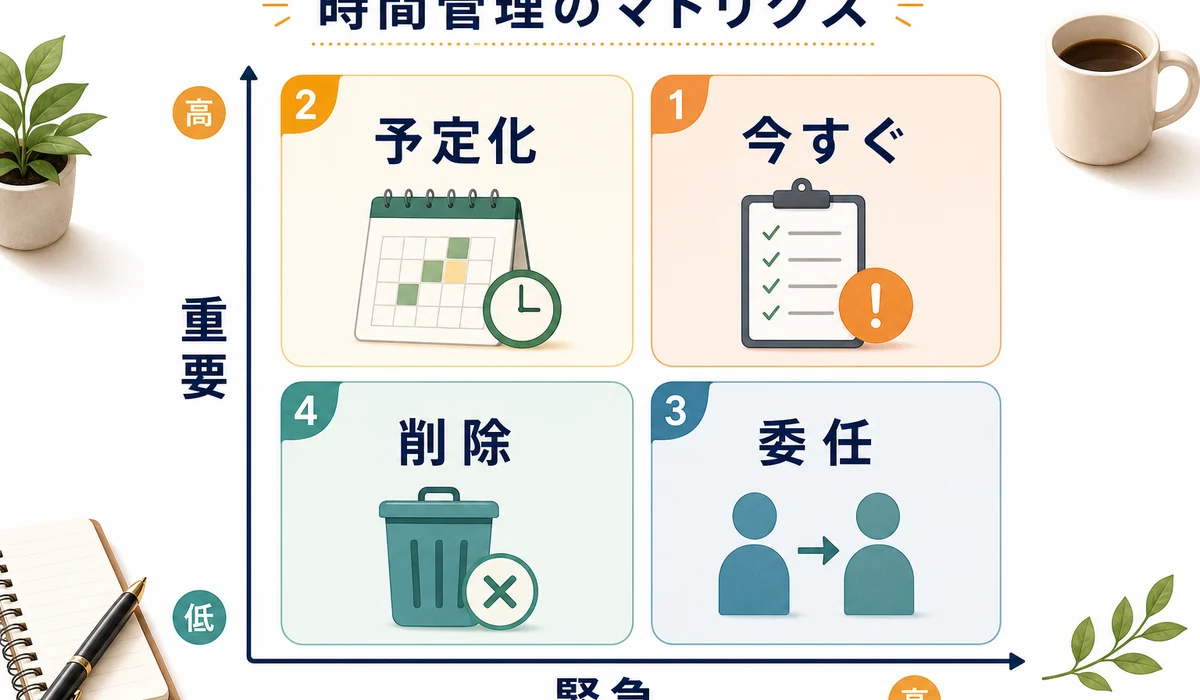 緊急重要マトリクス、今すぐ、予定化、委任、削除の4象限を示した図